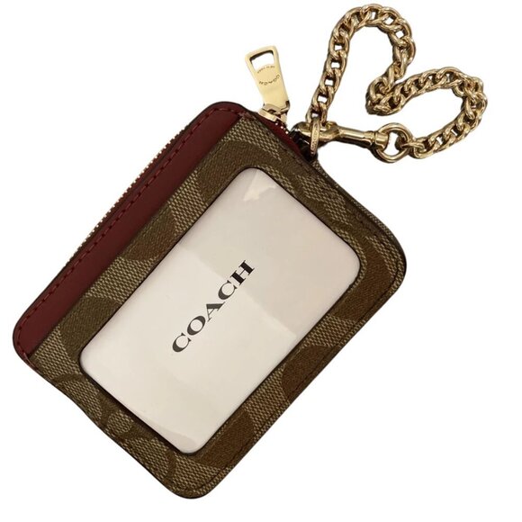 COACH Leather Zip Card Case Signature Khaki Cherry Detachable Chain NWT - Picture 9 of 11